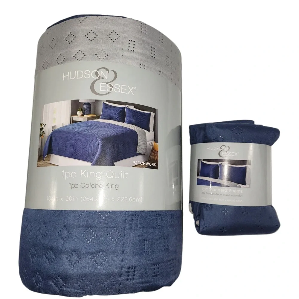 Hudson Essex 3pc Navy Gray Reversible One King Size Quilt And 2 Standard Shams
